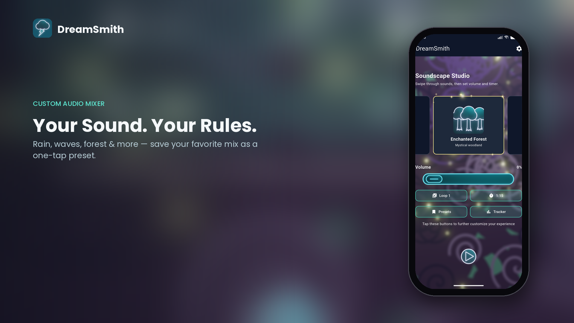 Custom Audio Mixer: rain, waves, forest, and more — save your favorite mix as a one-tap preset. Your sound, your rules.