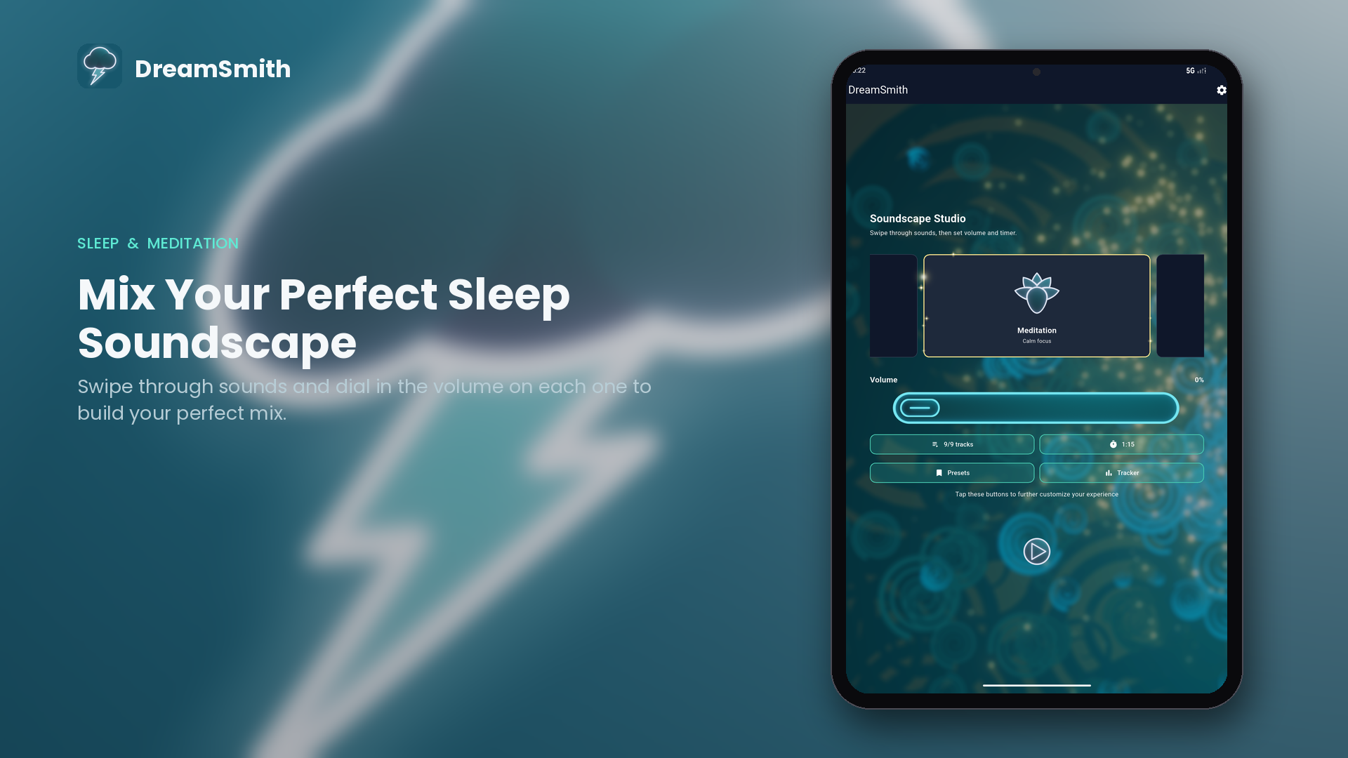 Soundscape Studio: swipe through sounds, then set volume and timer. Mix your perfect sleep soundscape.